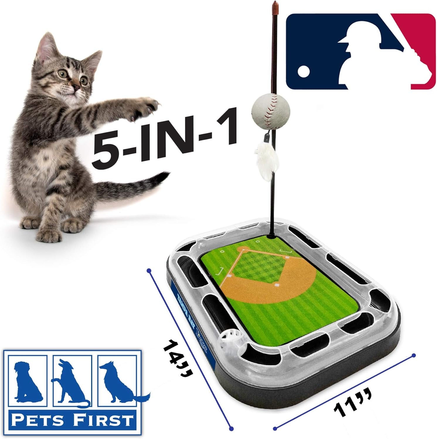 Cat Scratching Toy MLB Tampa Bay Rays Baseball Field Cat Scratcher Toy with Interactive Cat Ball Bell in Tracks. 5-In-1 CAT Toy: Cat Wand Poll with Catnip Filled Plush Baseball & Feathers