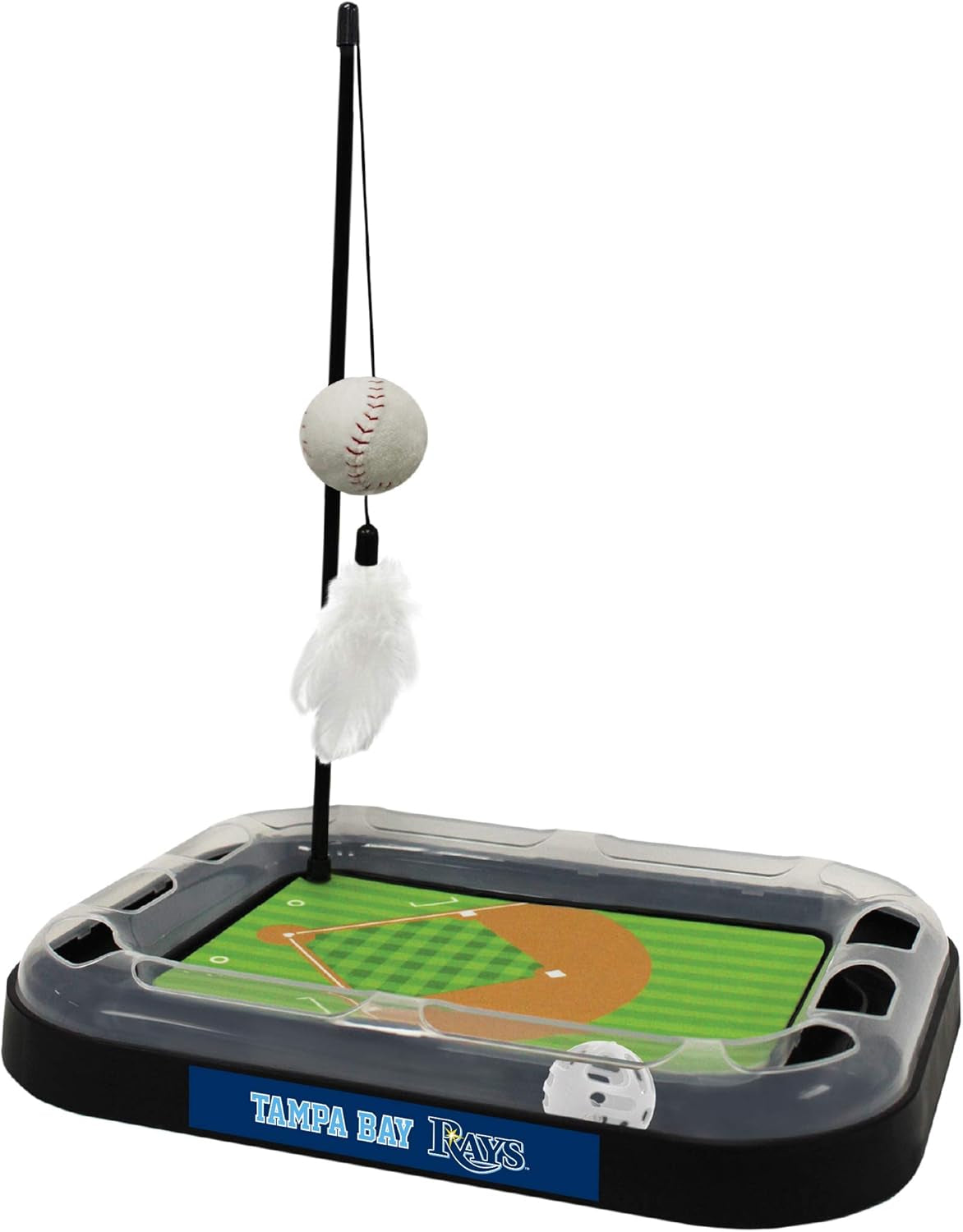 Cat Scratching Toy MLB Tampa Bay Rays Baseball Field Cat Scratcher Toy with Interactive Cat Ball Bell in Tracks. 5-In-1 CAT Toy: Cat Wand Poll with Catnip Filled Plush Baseball & Feathers
