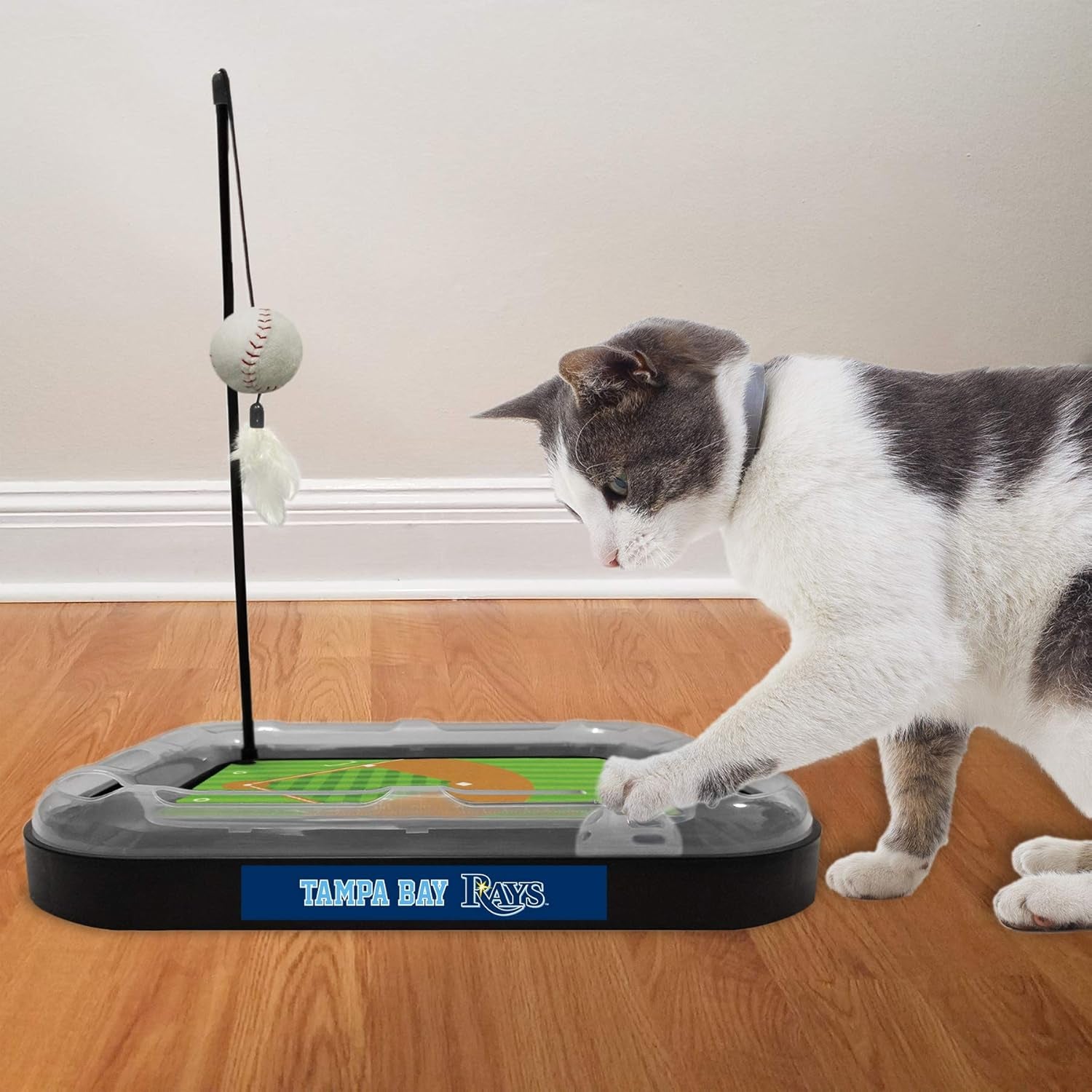 Cat Scratching Toy MLB Tampa Bay Rays Baseball Field Cat Scratcher Toy with Interactive Cat Ball Bell in Tracks. 5-In-1 CAT Toy: Cat Wand Poll with Catnip Filled Plush Baseball & Feathers