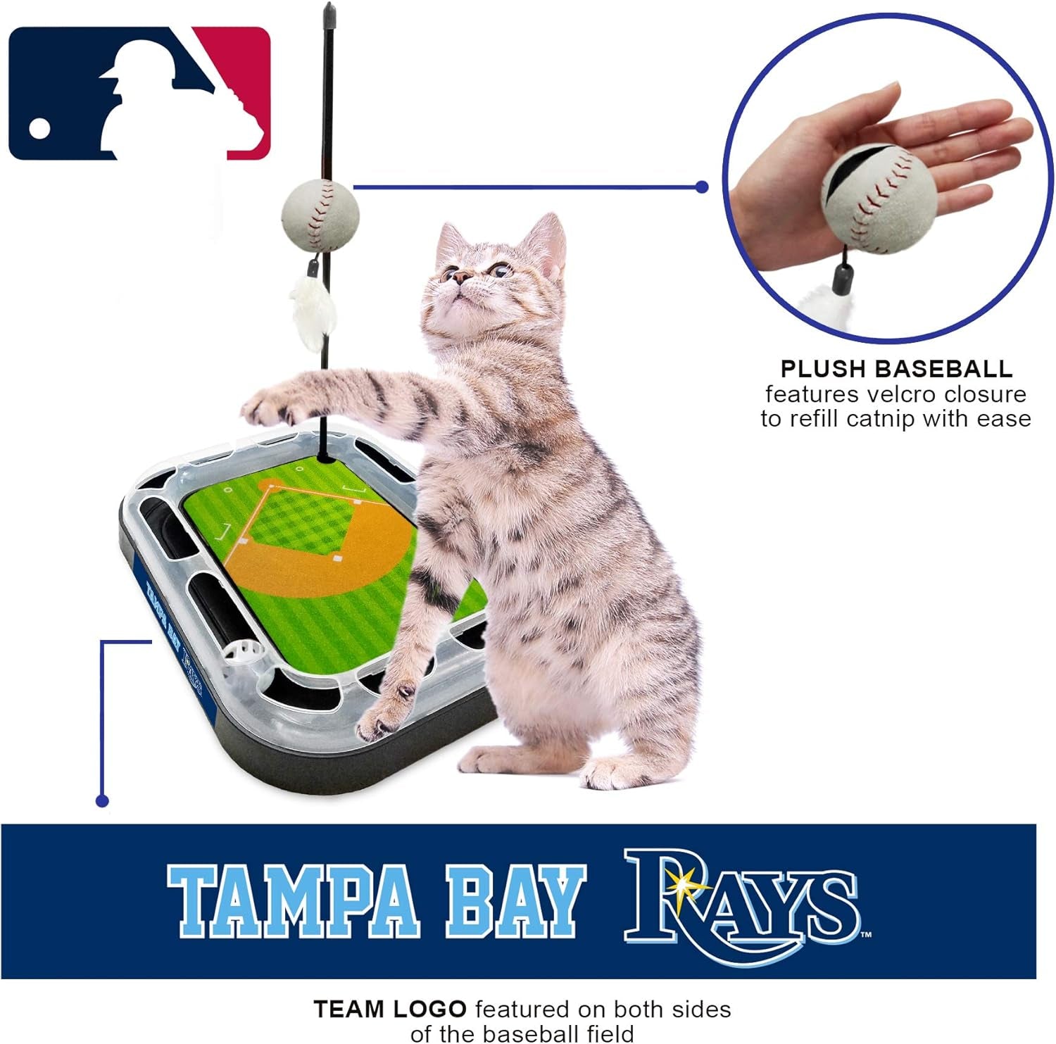 Cat Scratching Toy MLB Tampa Bay Rays Baseball Field Cat Scratcher Toy with Interactive Cat Ball Bell in Tracks. 5-In-1 CAT Toy: Cat Wand Poll with Catnip Filled Plush Baseball & Feathers