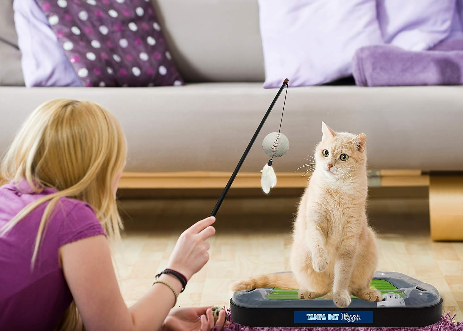 Cat Scratching Toy MLB Tampa Bay Rays Baseball Field Cat Scratcher Toy with Interactive Cat Ball Bell in Tracks. 5-In-1 CAT Toy: Cat Wand Poll with Catnip Filled Plush Baseball & Feathers
