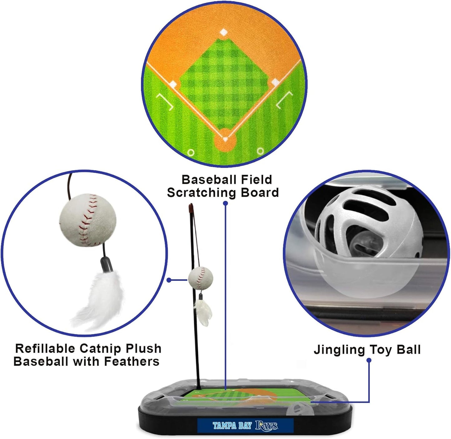 Cat Scratching Toy MLB Tampa Bay Rays Baseball Field Cat Scratcher Toy with Interactive Cat Ball Bell in Tracks. 5-In-1 CAT Toy: Cat Wand Poll with Catnip Filled Plush Baseball & Feathers